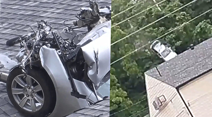 Carro voa e ‘estaciona’ em telhado de prédio