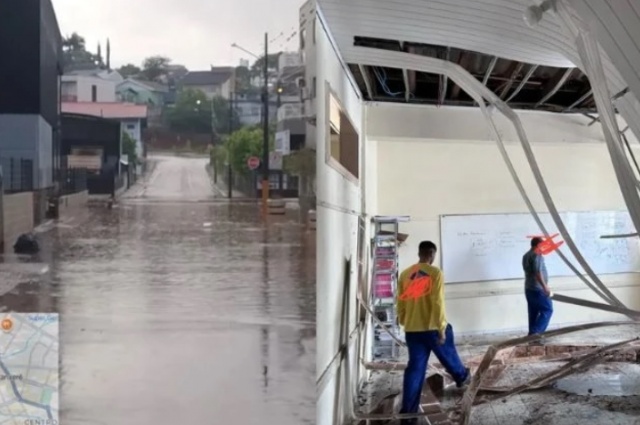 Chuva forte provoca desabamento de forro em escola e alaga ruas no Oeste de SC