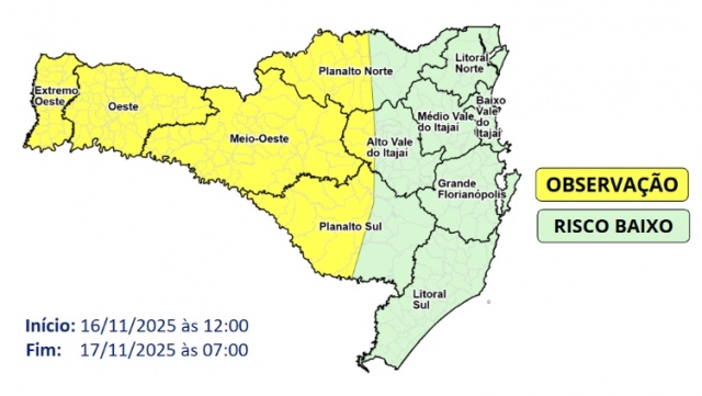 Defesa Civil emite alerta para temporais e granizo em Santa Catarina neste domingo