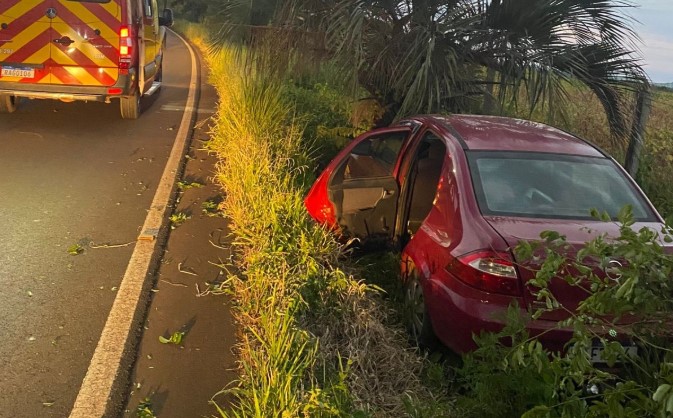 Idoso fica ferido após sair da pista com veículo e colidir contra árvore