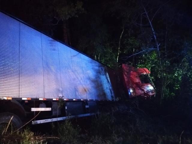 Carreta sai da pista e colide com árvores na BR-282, no Oeste de SC