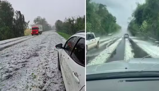 'Pedras do tamanho de ovos': temporal de granizo cobre rodovia no Norte do RS