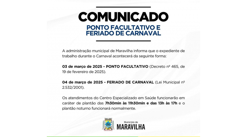 Administração emite comunicado sobre o feriado de carnaval e horários de atendimento