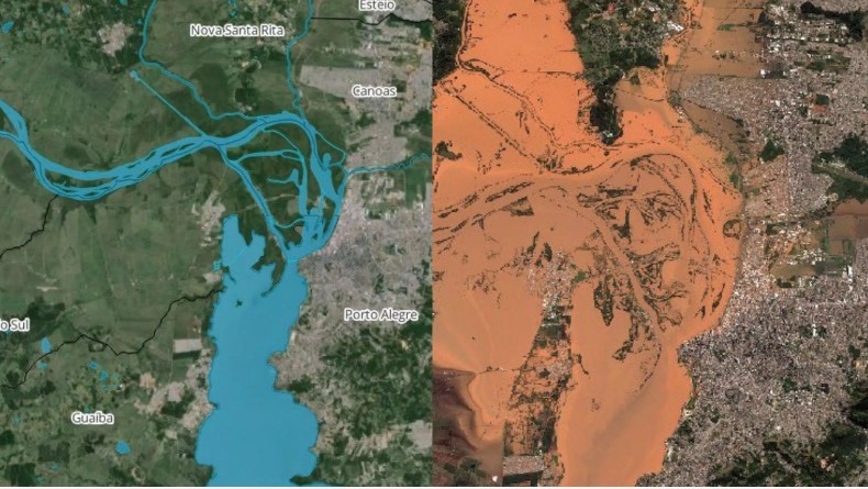 Imagens de satélite mostram “antes e durante” enchente em Porto Alegre