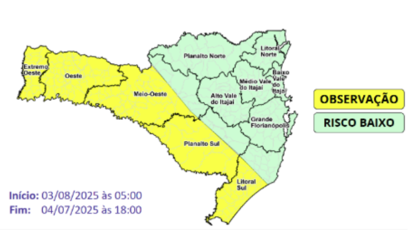 Defesa Civil alerta para temporais entre domingo e segunda-feira em SC