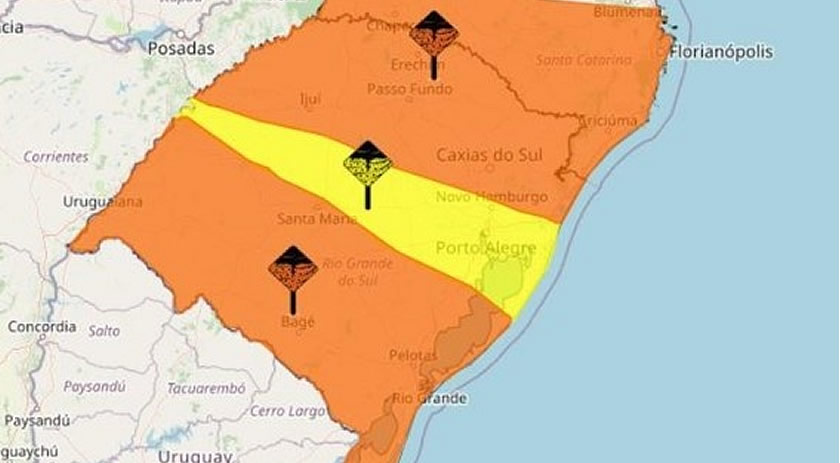 Rajadas de vento de até 100 km/h e chuva intensa devem atingir áreas da metade norte do RS