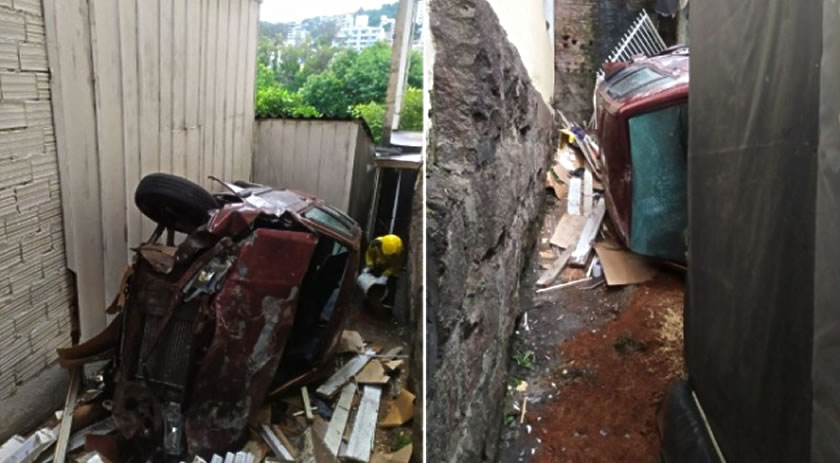 Carro atravessa casa e quase atinge moradores que dormiam no local
