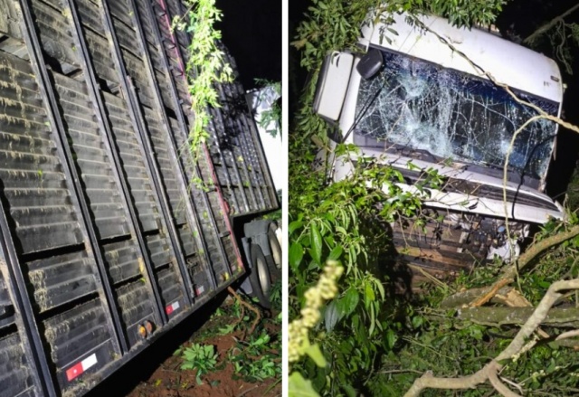 Caminhão sai da pista e desce ribanceira na BR-158; motorista escapa ileso