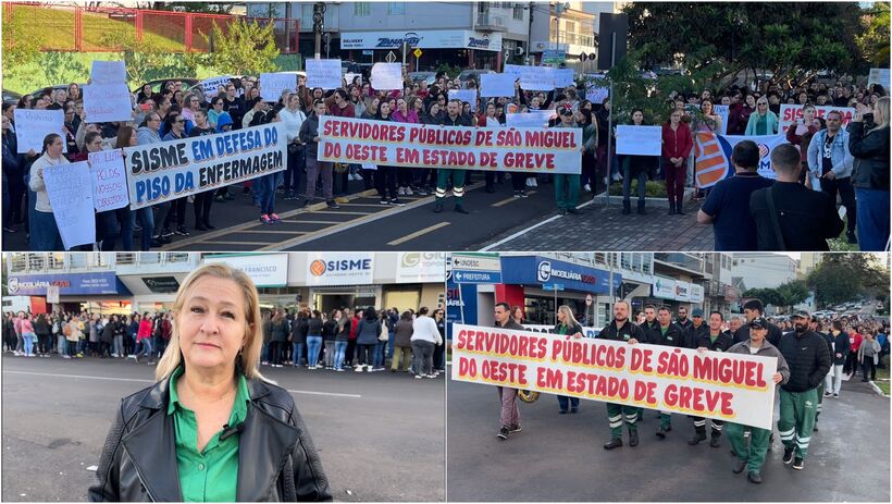 Com faixas e cartazes, servidores públicos manifestam em frente a Prefeitura