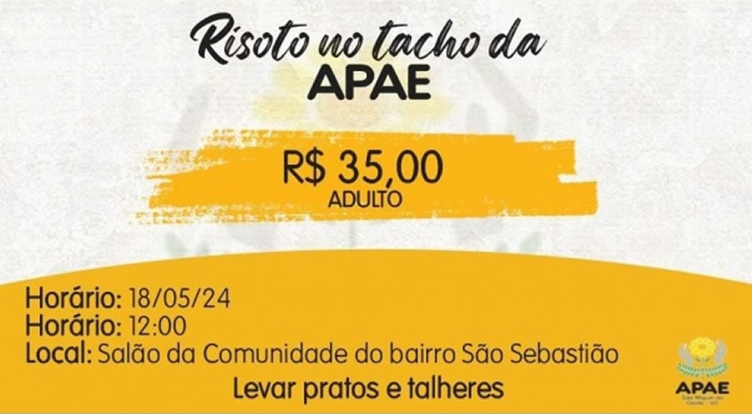 APAE promove Risoto Solidário para arrecadar fundos