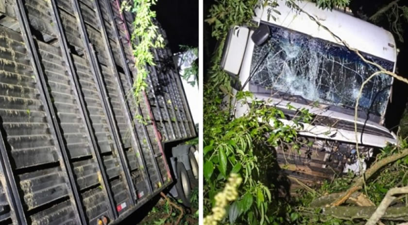 Caminhão sai da pista e desce ribanceira na BR-158s; motorista escapa ileso