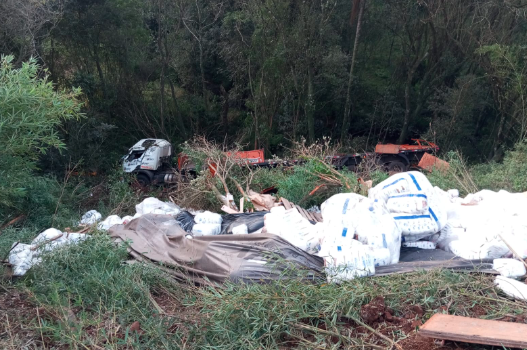 Motorista salta de carreta antes de veículo cair em ribanceira no Oeste