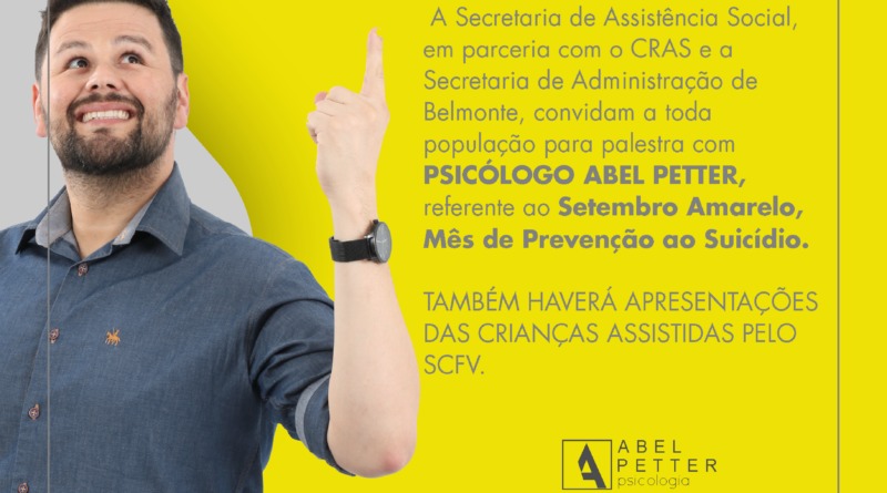 Palestra abordará ações do Setembro Amarelo e conscientização contra o suicídio