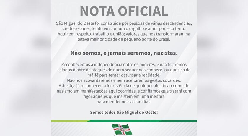 Prefeitura de São Miguel do Oeste emite nota sobre supostos ataques nazistas