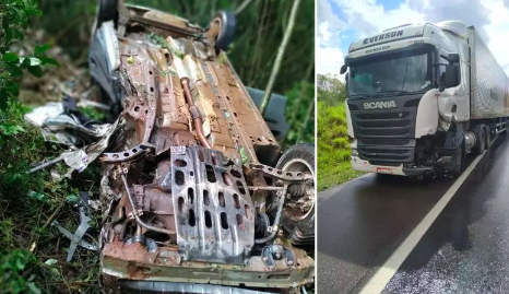 Carro cai de ribanceira e capota após colidir contra caminhão na BR-282