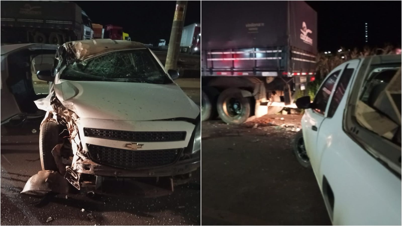 Homem fica ferido ao colidir camionete em carreta estacionada