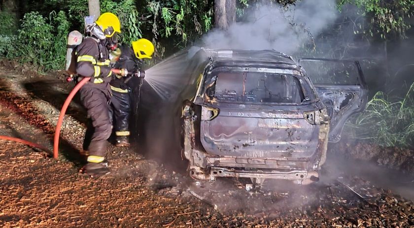 Veículo colide em árvore e é consumido pelo fogo