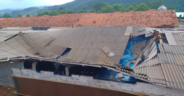 Frente de rajada atinge cidade no Oeste de SC, quebra árvores ao meio e causa destruição