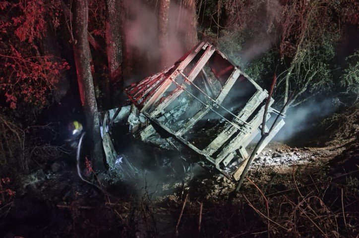 Caminhonete sai da pista, cai em ribanceira e pega fogo