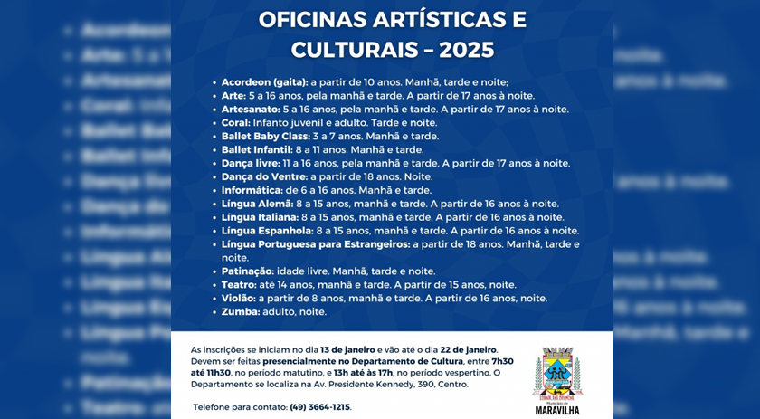 Prazo para incrições das oficinas culturais e artísticas é prorrogado