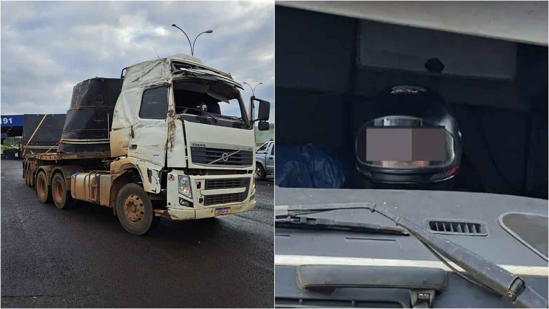 Caminhoneiro é flagrado de capacete dirigindo carreta sem para-brisa
