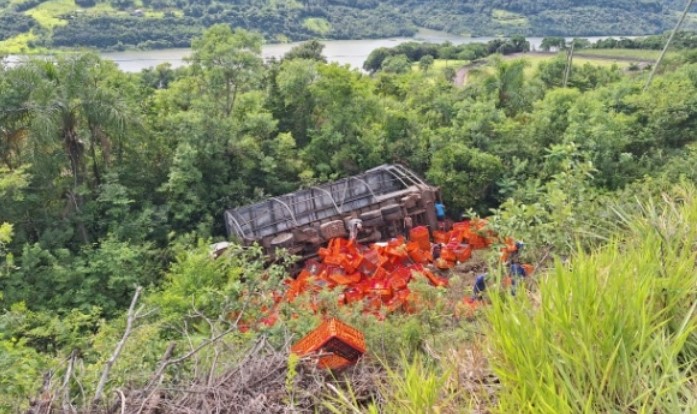 Motorista fica ferido após caminhão despencar em ribanceira