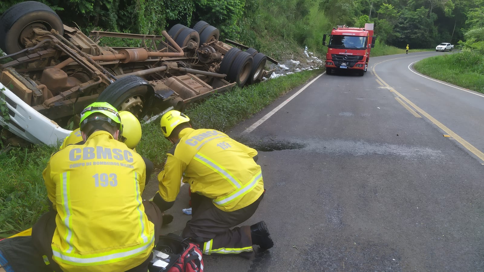 Falha mecânica faz caminhão de Chapecó capotar em rodovia
