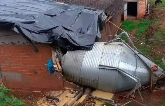 Chuva e vento derrubam silo de grãos em propriedade rural de SC