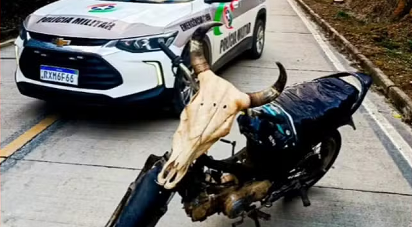 Condutor de moto com caveira e chifres no lugar do farol é autuado em SC