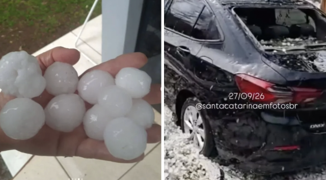 Temporais com granizo grande atingem o Oeste de SC e deixam carro destruído