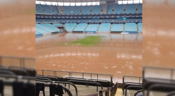 Gramados da Arena do Grêmio e estádio do Internacional ficam alagados por enchente