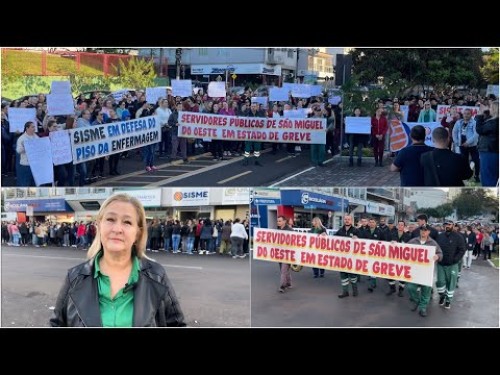 Com faixas e cartazes, servidores públicos manifestam em frente a Prefeitura de São Miguel do Oeste